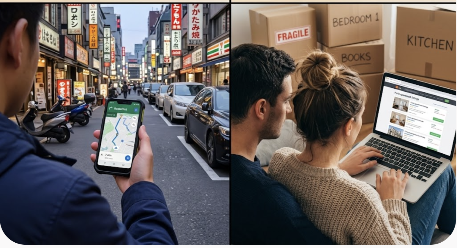 Newcomer navigating a busy foreign city street with a map app, beside a couple searching apartment listings on a laptop among moving boxes