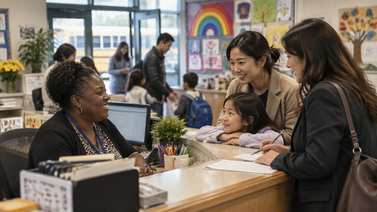 A mother and daughter registering at a busy school front office with their consultant