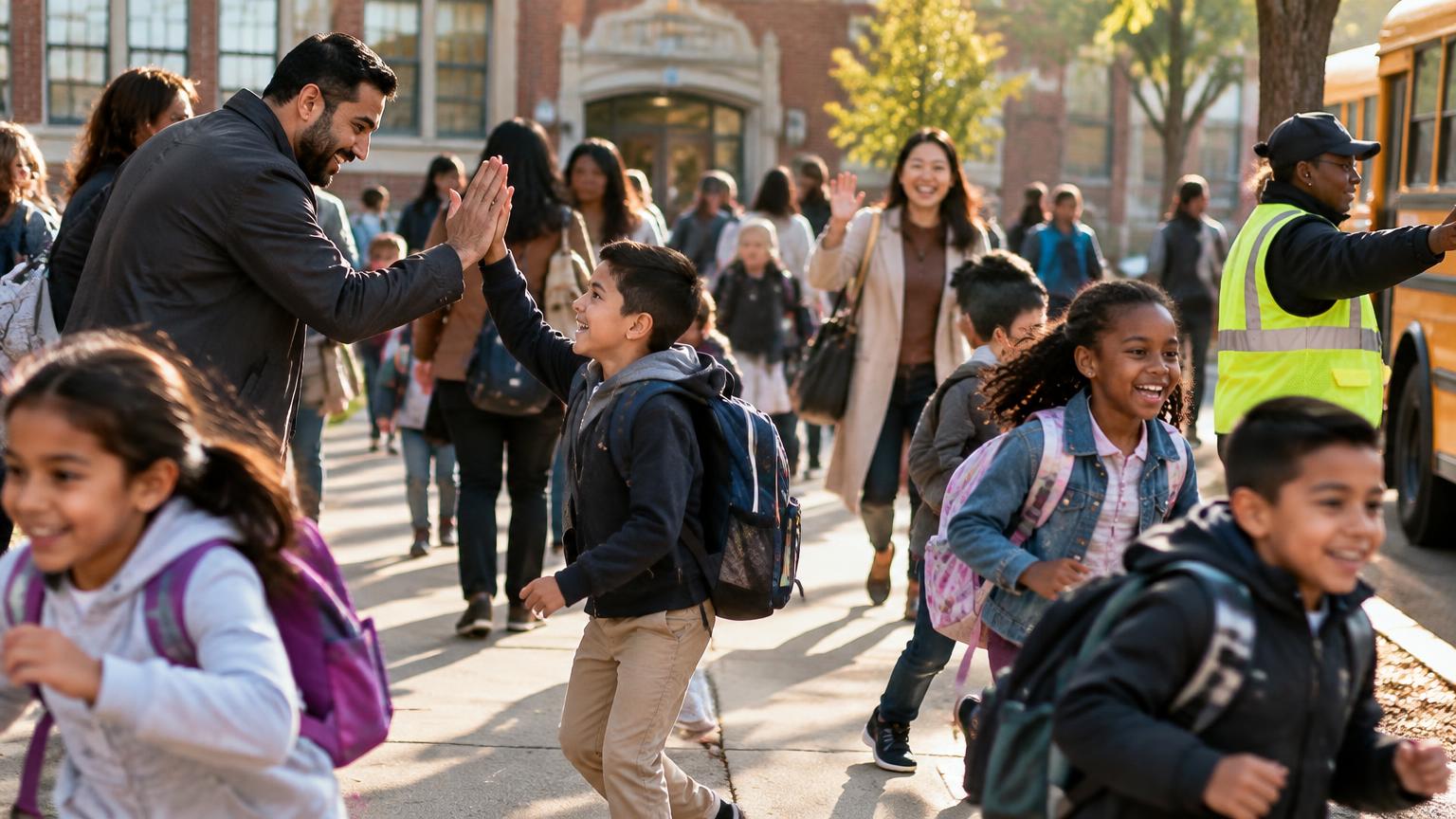 Families arriving at a lively school drop off