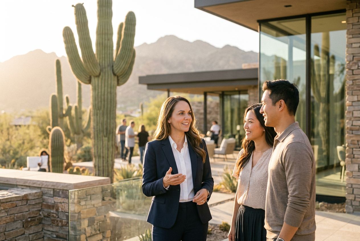 Holly Gray with a family in front of an Arizona home with a red front door