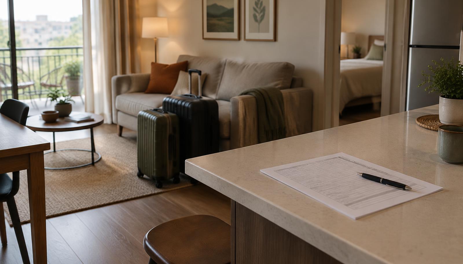Furnished short term rental with packed suitcases and a rental application on the counter during a relocation