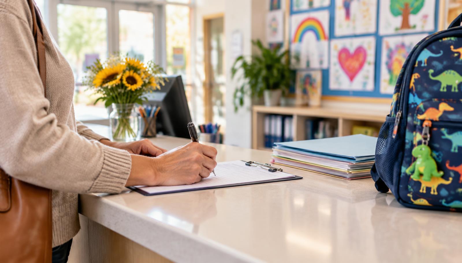 A parent filling out enrollment forms at a school front counter, a child's backpack beside her