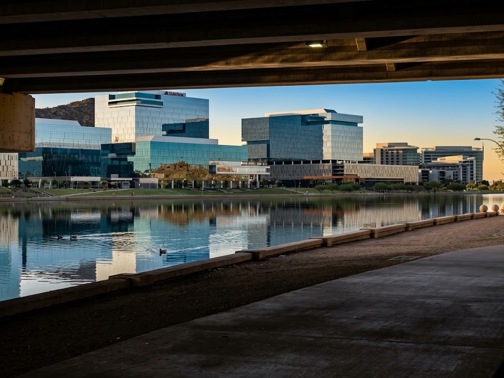 Tempe Town Lake at sunset, with modern glass office buildings reflected in the water