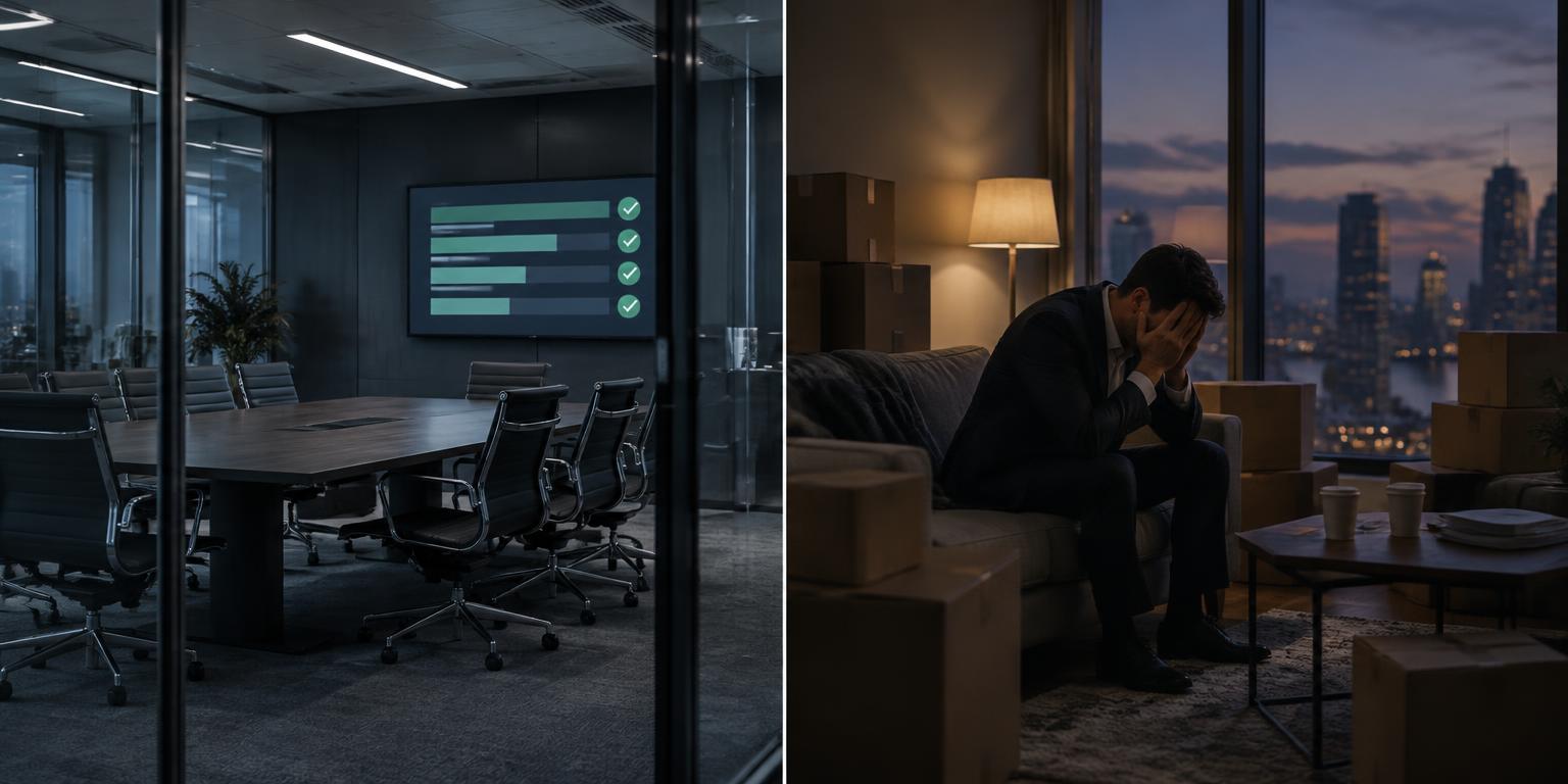Split image: on the left an empty glass-walled corporate meeting room with an international relocation dashboard showing every task complete; on the right an expat executive sitting hunched among cardboard moving boxes in an unfamiliar apartment at dusk