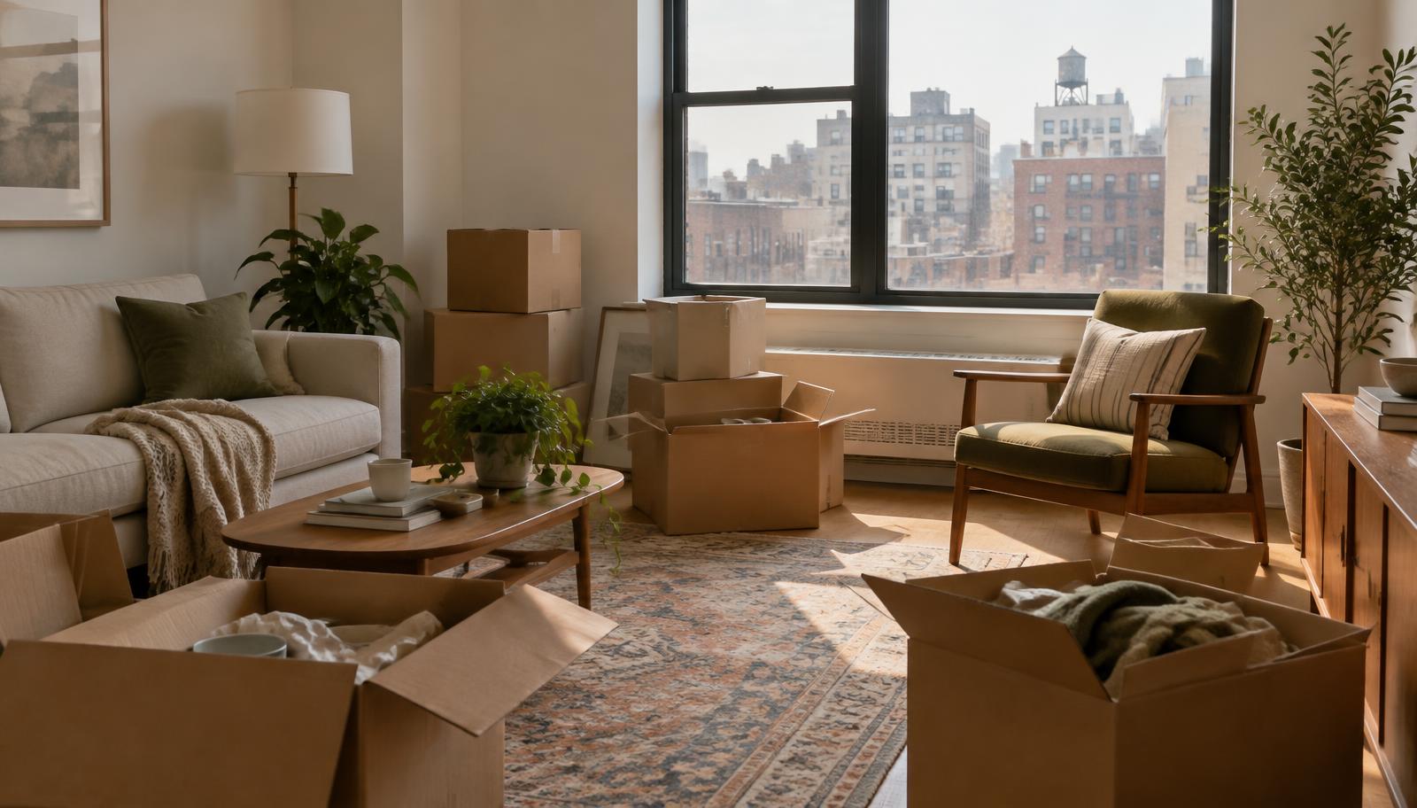 Bright city apartment with half unpacked moving boxes after an international relocation