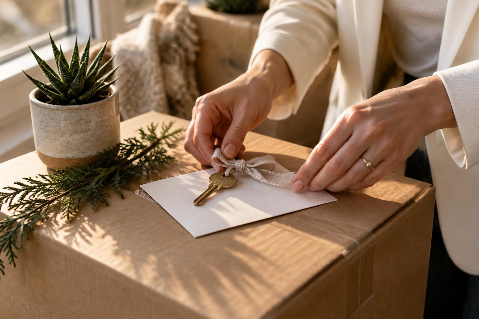 A brass key tied with a ribbon resting on a sealed moving box beside a small potted plant